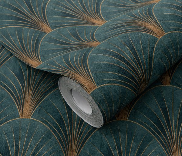 PAPIER PEINT INTISSE EVENTAIL- BLEU CANARD ET OR - ART DECO - ERISMANN