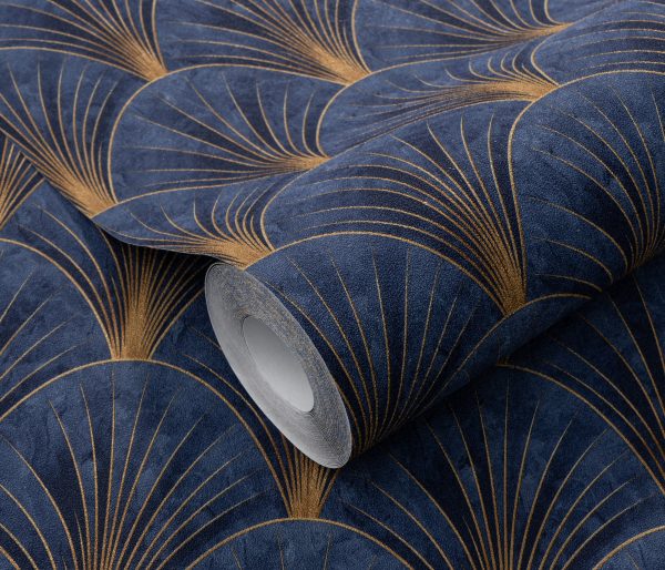 PAPIER PEINT INTISSE EVENTAIL- BLEU ET OR - ART DECO - ERISMANN