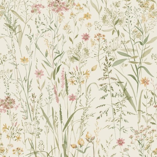 PAPIER PEINT INTISSE CHAMPETRE VERT ET ROSE - FLORAL - GRANDECO