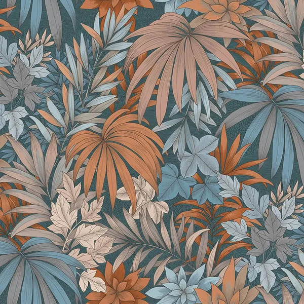 PAPIER PEINT JUNGLE FLEURIE - BLEU TURQUIN ET TERRACOTTA - VEGETAL - ALLURE LUTECE