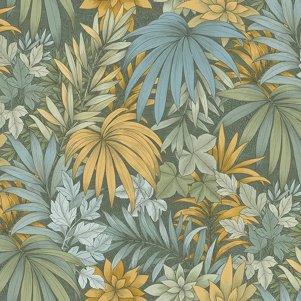 PAPIER PEINT JUNGLE FLEURIE - VERT MOUSSE ET OCRE - VEGETAL - ALLURE LUTECE