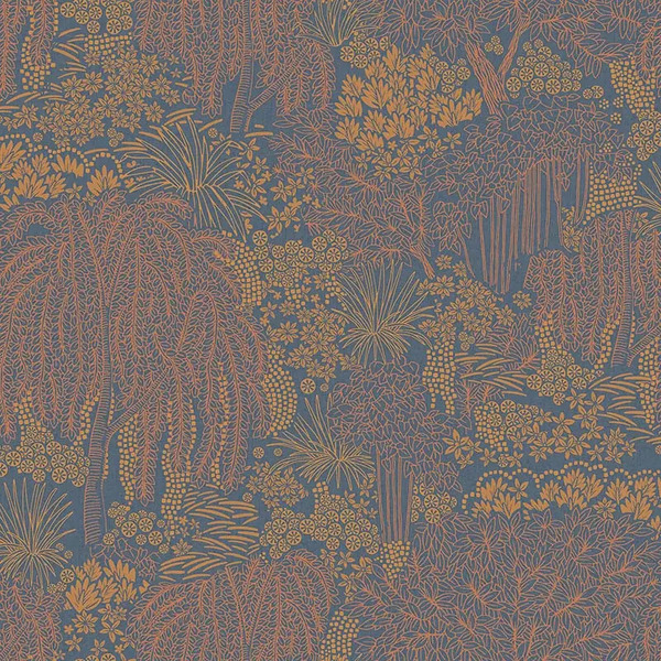PAPIER PEINT JARDIN MINIMALISTE- BLEU MARINE ET CUIVRE- FLORAL - ALLURE LUTECE