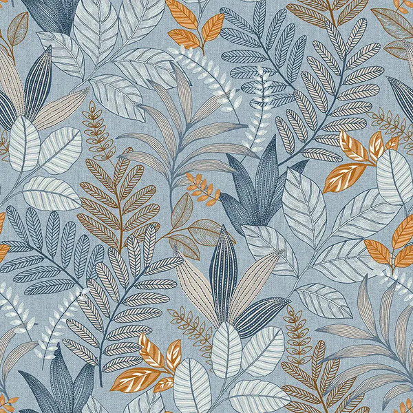 PAPIER PEINT FEUILLAGE BRODE - BLEU CLAIR ET NOISETTE - FLORAL - ALLURE LUTECE