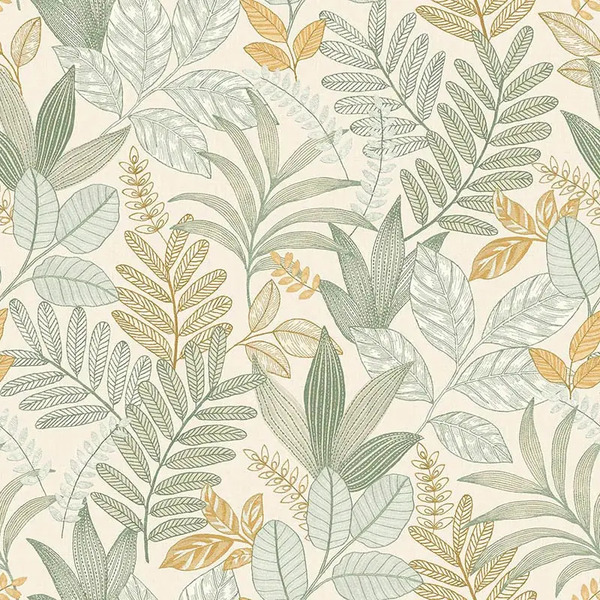 PAPIER PEINT FEUILLAGE BRODE - VERT ET BEIGE - FLORAL - ALLURE LUTECE