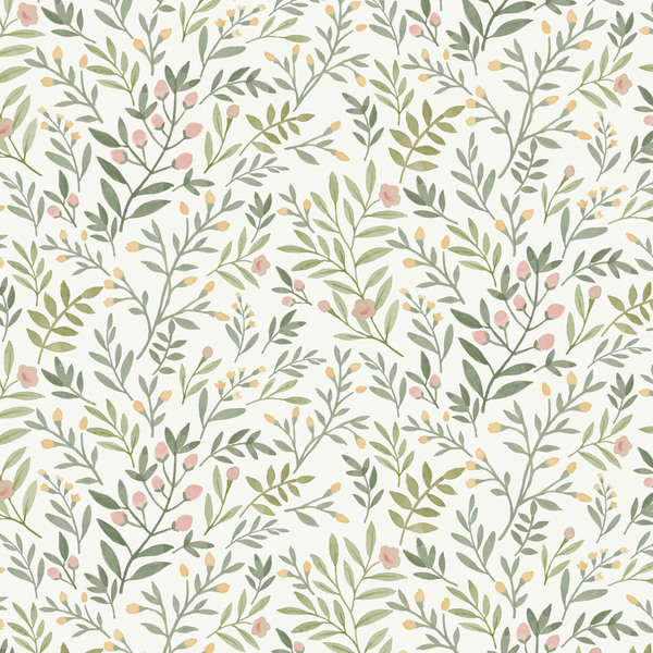 PAPIER PEINT CHAMPÊTRE - VERT & ROSE - FLORAL - GRANDECO