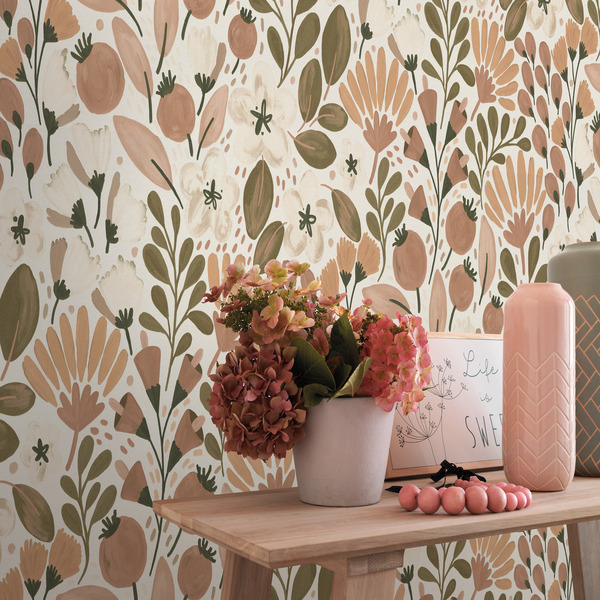 PAPIER PEINT INTISSÉ DOUCEUR PRINTANNIÈRE - TERRACOTTA & VERT OLIVE - FLORAL - ERISMANN – Image 2