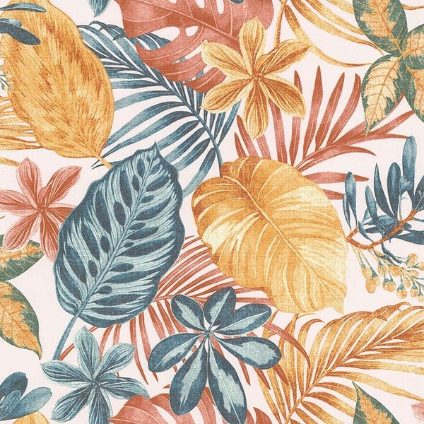 PAPIER PEINT INTISSÉ ÉVASION TROPICALE- BLEU, OCRE & TERRACOTTA - VÉGÉTAL - LUTÈCE