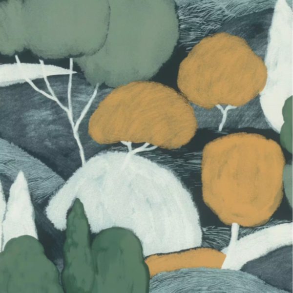 PAPIER PEINT INTISSÉ PAYSAGE COLLINES - BLEU MARINE, OCRE & VERT - VÉGÉTAL - RASCH