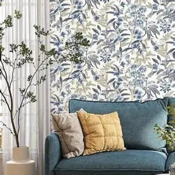 PAPIER PEINT INTISSÉ SYMPHONY FLEURS - BLEU & OCRE - CLASSIQUE - RASCH – Image 2