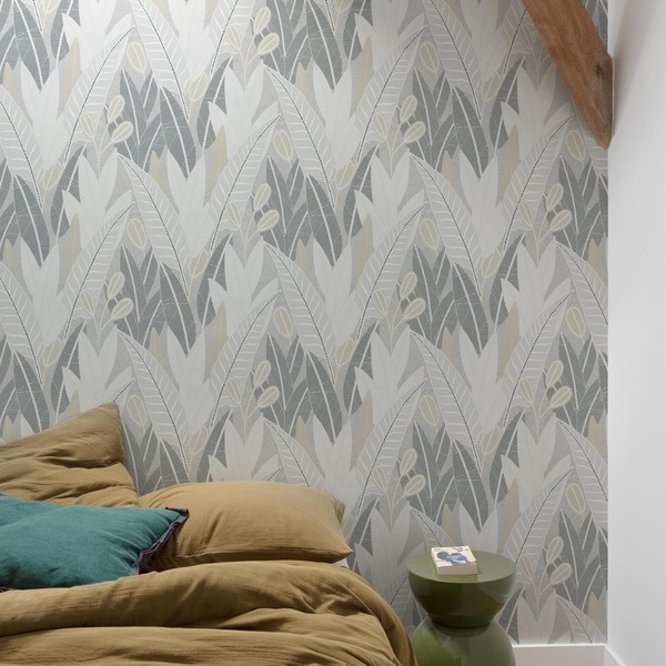 PAPIER PEINT INTISSÉ JUNGLE MINÉRALE - GRIS & BEIGE- VÉGÉTAL - GRANDECO – Image 2