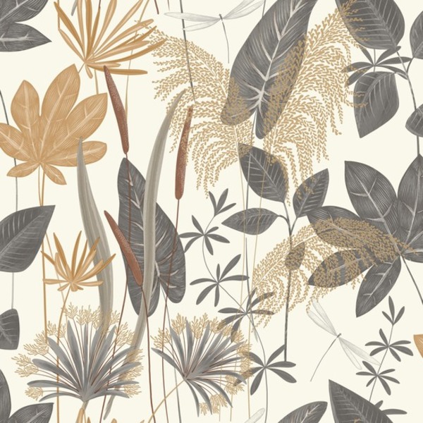 PAPIER PEINT INTISSÉ LIBELLULE - GRIS & MARRON - VÉGÉTAL - GRANDECO