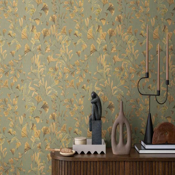 PAPIER PEINT INTISSÉ GINKGO - VERT & OCRE- VÉGÉTAL - AS CREATION – Image 3