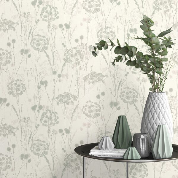 PAPIER PEINT INTISSE FLEURS SAUVAGE - BLANC & VERT - FLORAL- RASCH – Image 2