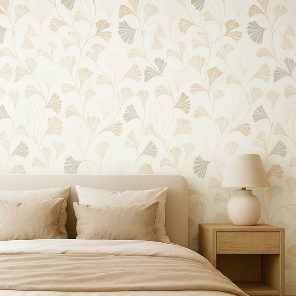 PAPIER PEINT INTISSE FLEURS DE GINKGO - BLANC & TAUPE - FLORAL- RASCH – Image 2