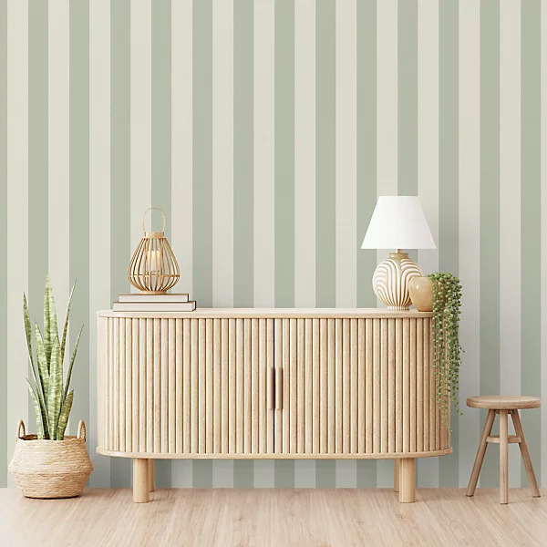 PAPIER PEINT RAYURES TEXTURES - BEIGE & VERT SAUGE - RAYURES - GRANDECO – Image 2